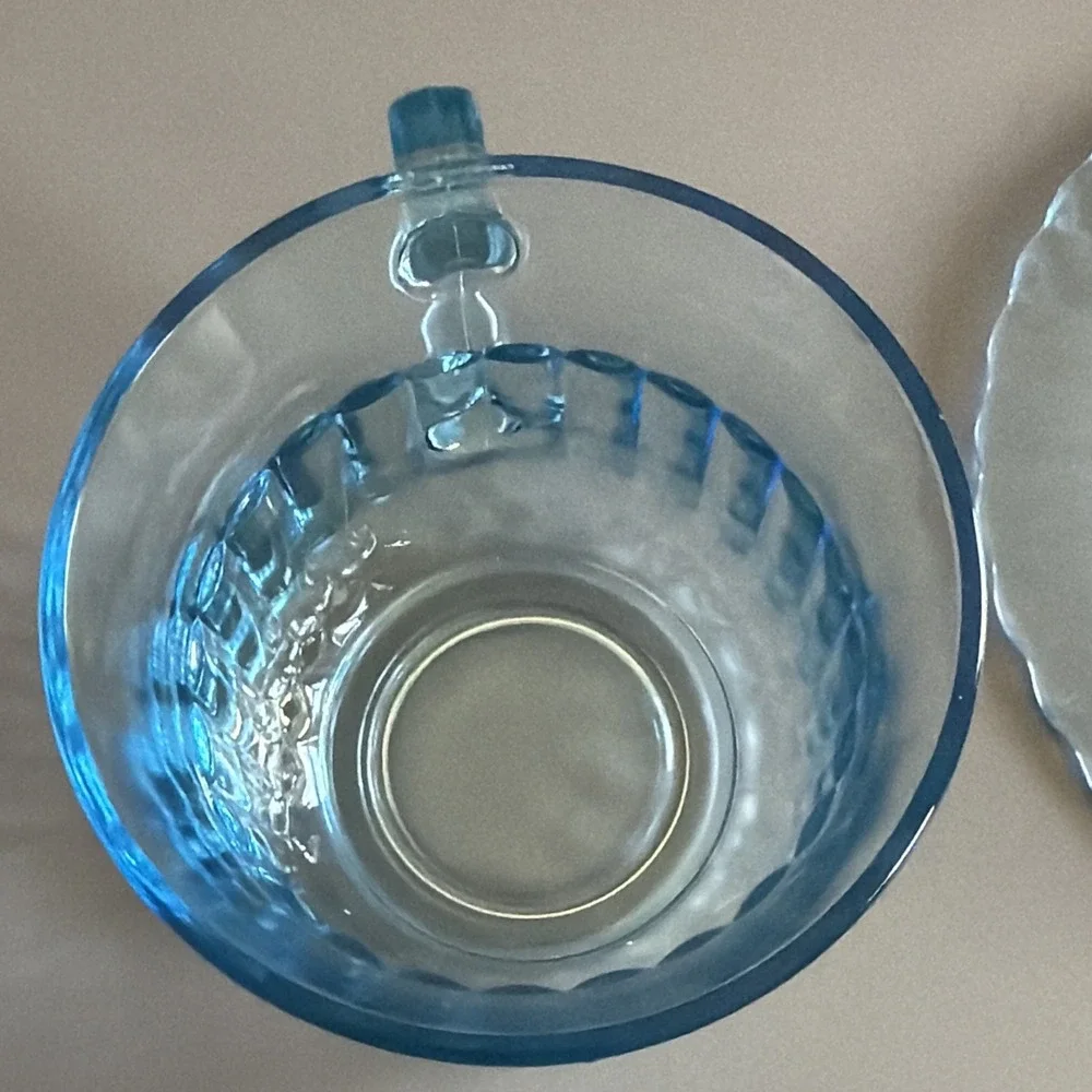 Vintage 1980s Fortecrisa Mexico Ice Azure Blue Glass Coffee Tea Cup & Saucer 8oz